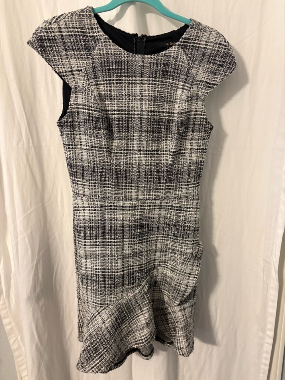City Studio Black & White Tweed Mini Dress with Flounce Hem